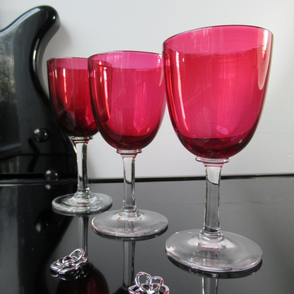 3 Glass Ruby Red Hand Blown Wine Glasses